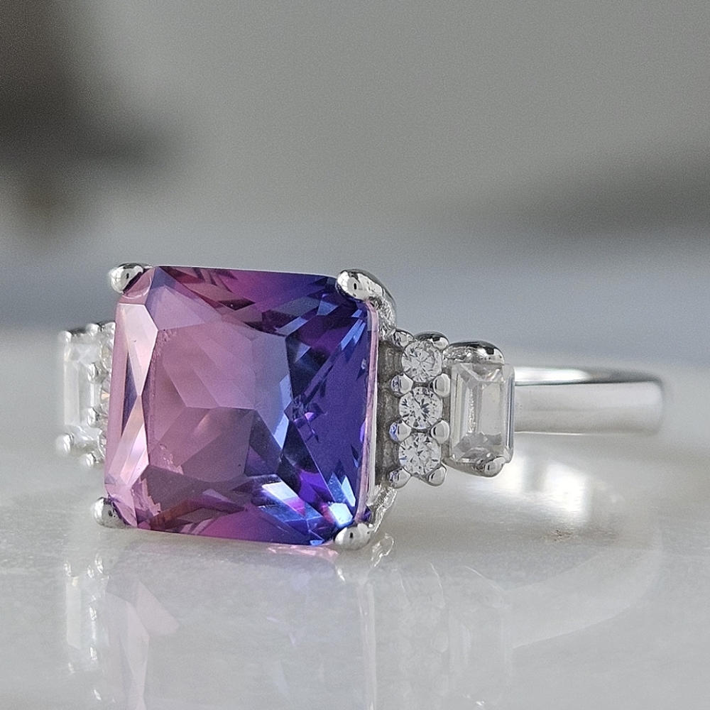 Pink & Purple Square Cut Gemstone Ring, 925 Sterling Silver Charmed Aro…